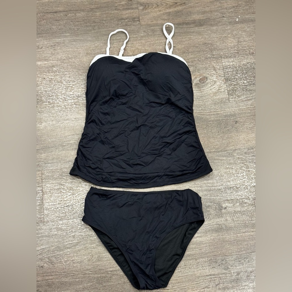 NEW Black Tankini Swim Set with White Trim - Classic Two-Piece